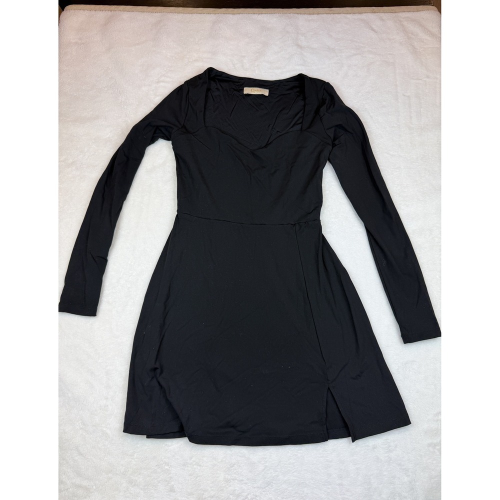 Qinsen Womens Long Sleeve Sweetheart Neck Mini Dress Black Size Large Side Slit